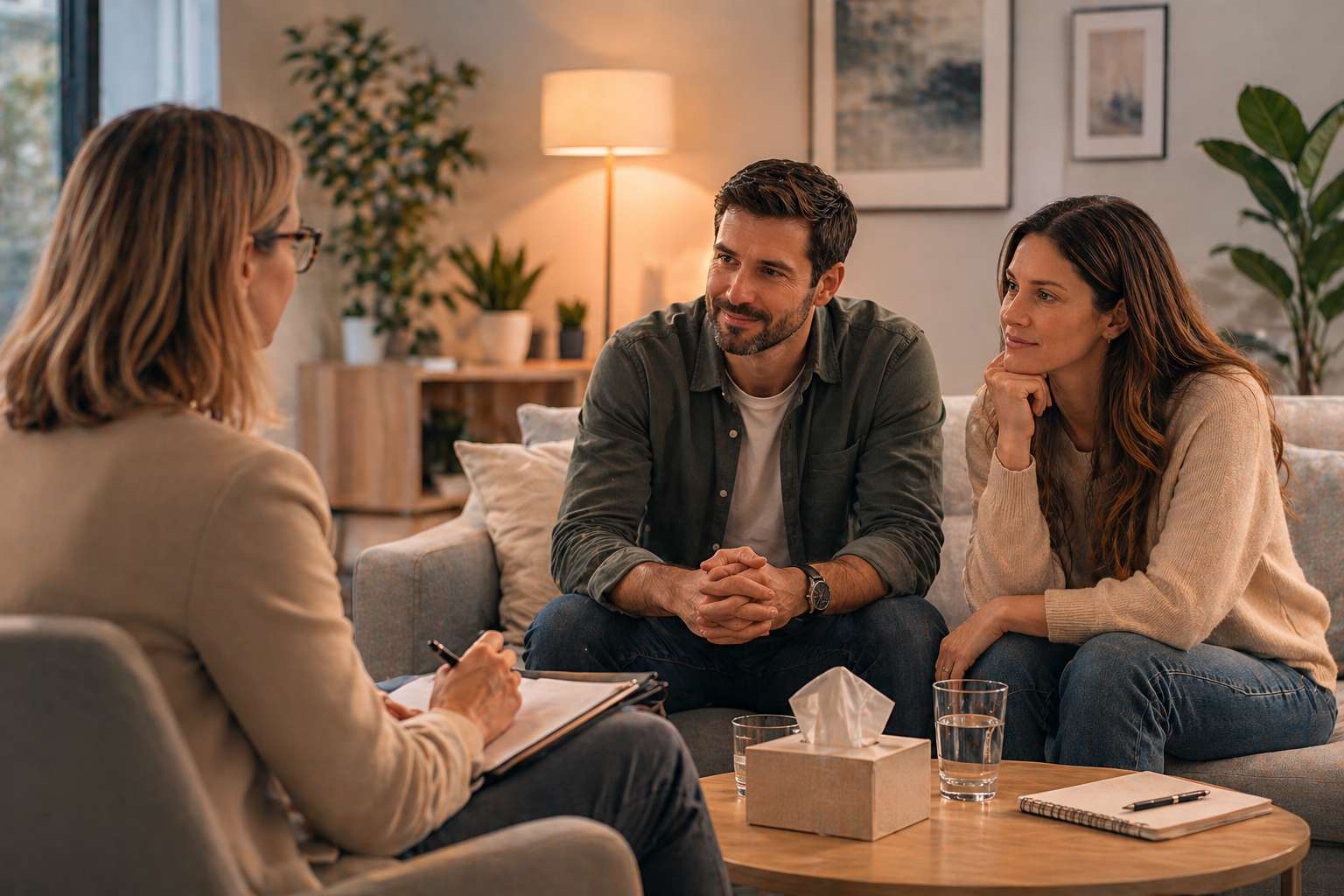 A family sitting together on a sofa, looking thoughtful but calm